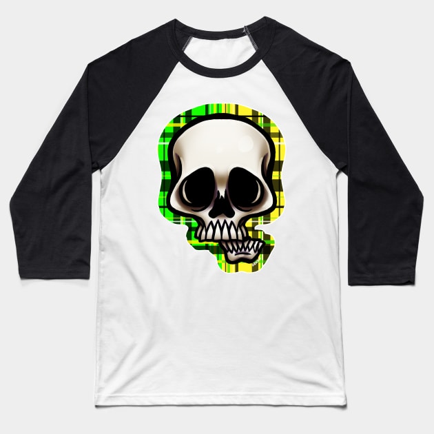 Yellow and Green Split Plaid Skull Baseball T-Shirt by Jan Grackle